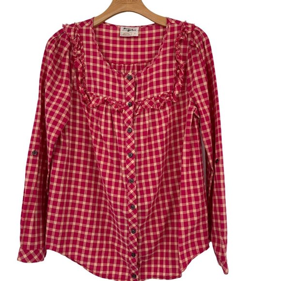 HOLDING HORSES Tops - Holding horses Woman’s red plaid Prairie Blouse top cotton sz 6 Long tab Sleeve